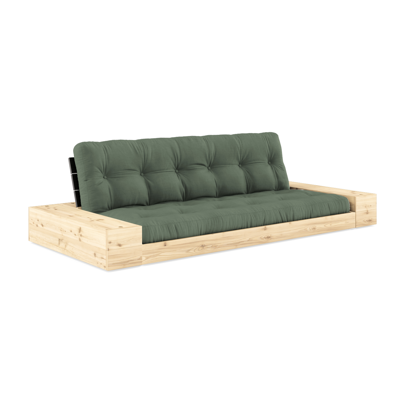 Convertible sofa with storage in pine with black back and olive green mattress Base - Karup Design