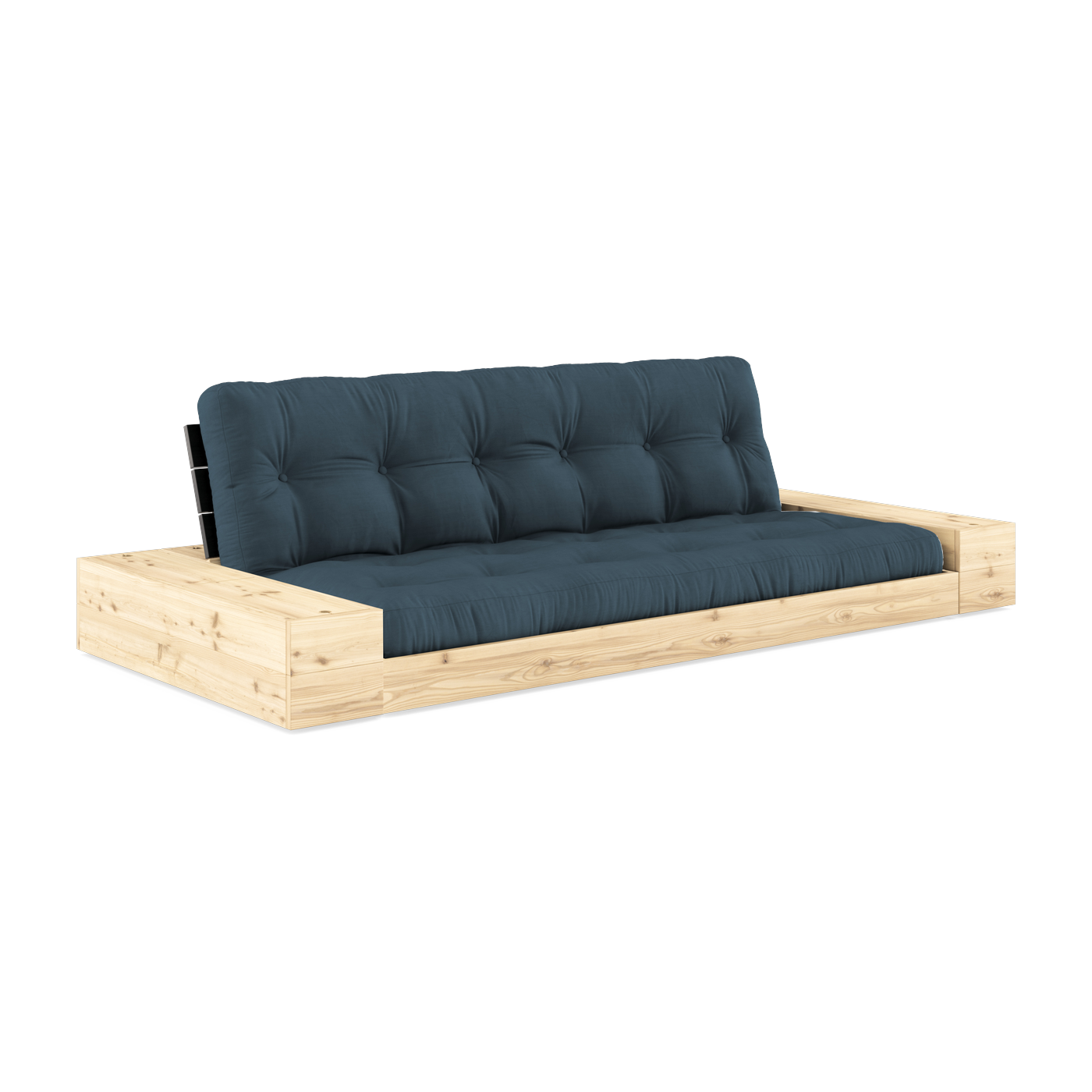 Sofá cama con almacenaje en pino con respaldo negro y colchón azul petróleo Base - Karup Design