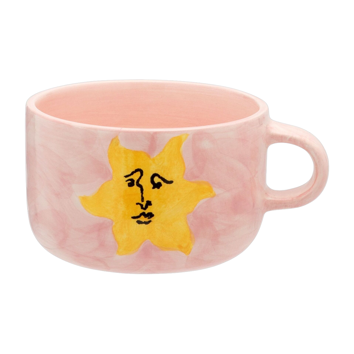 Taza de barro rosa Sunny Side Up 10x14cm con motivo de sol amarillo - Anna + Nina