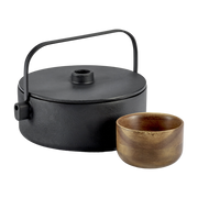 Collage black cast-iron teapot and 4 wooden teacups - Serax