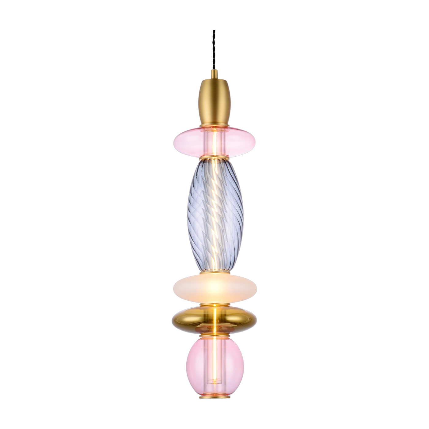 Vertical suspension lamp in pink, graphite, opaque and gold glass 55cm Leonor - Elements Lighting