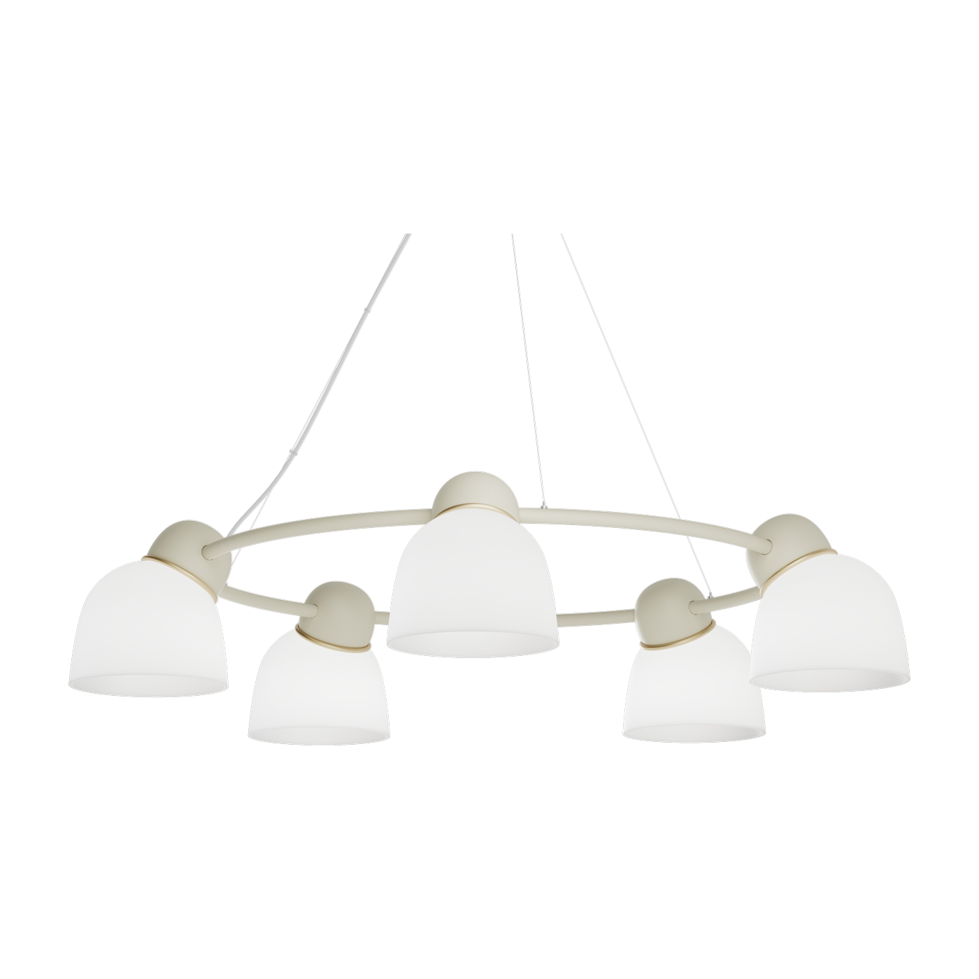 Chandelier 5 abats-jours verre opale, sable et laiton 95,3cm Bird - Belid