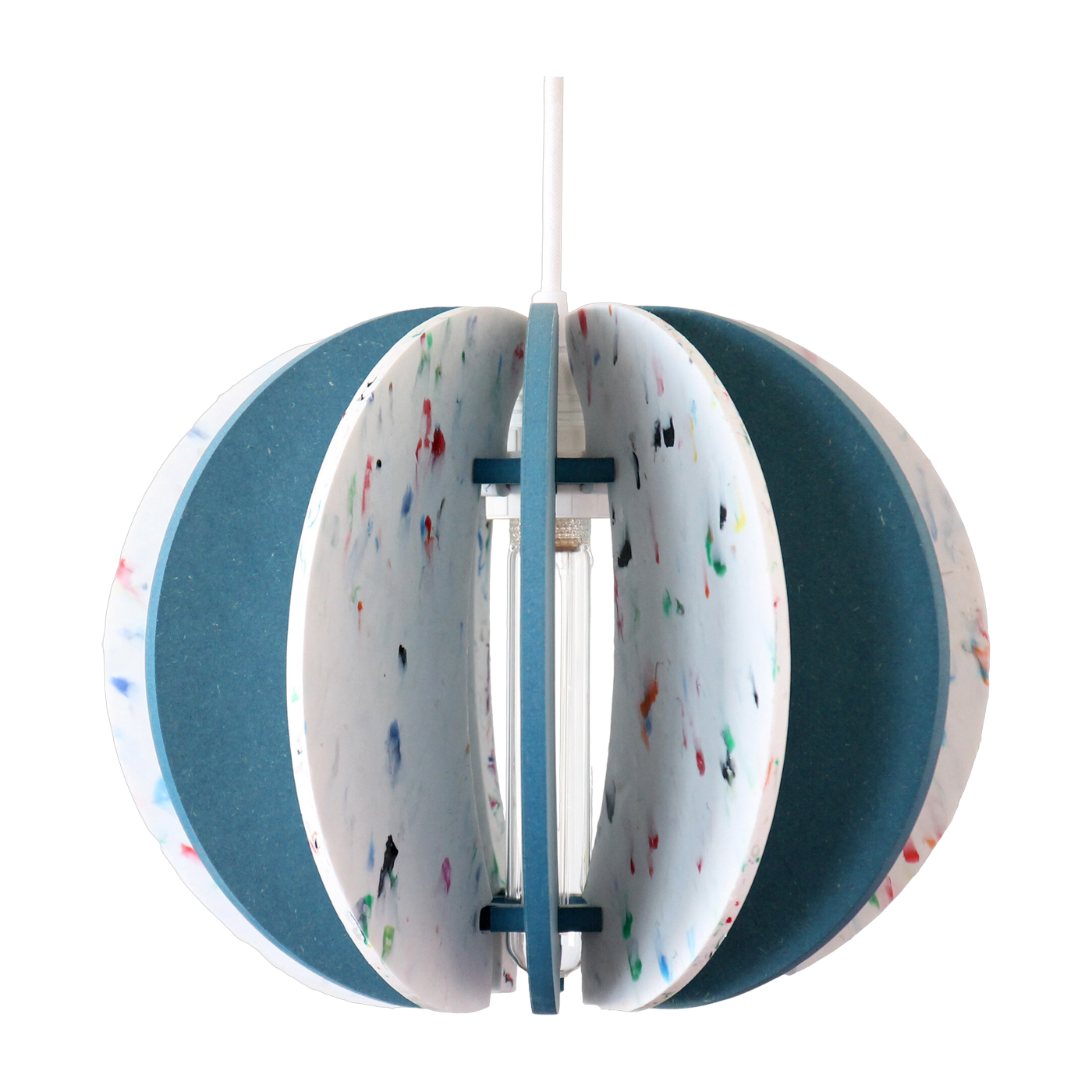 Suspension ronde en plastique recyclé blanc et bois coloré bleu 29cm Alpha Zulu - RIF