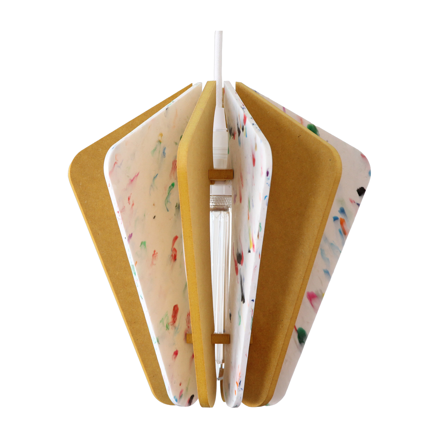Suspension triangulaire en plastique recyclé blanc et bois coloré jaune 26x27cm Alpha Zulu - RIF