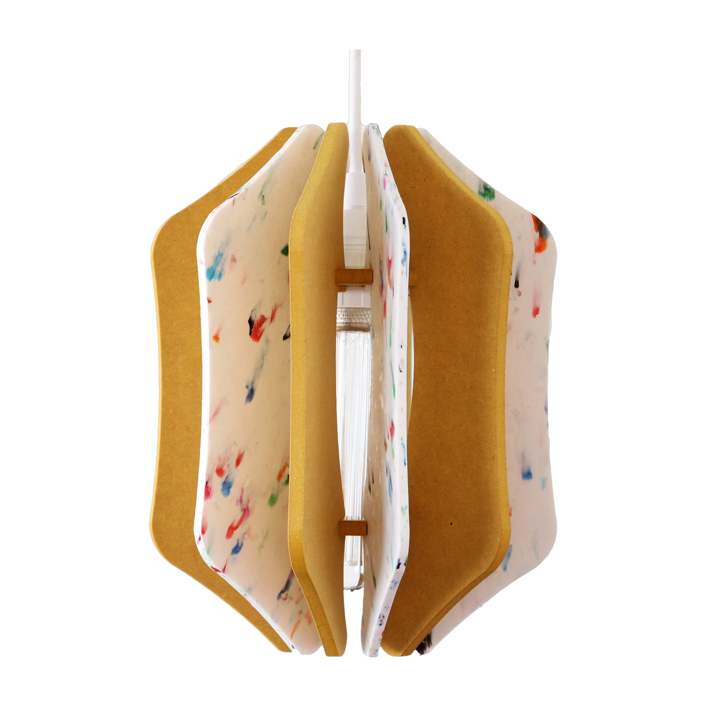Suspension carrée en plastique recyclé blanc et bois coloré jaune 23x29cm Alpha Zulu - RIF