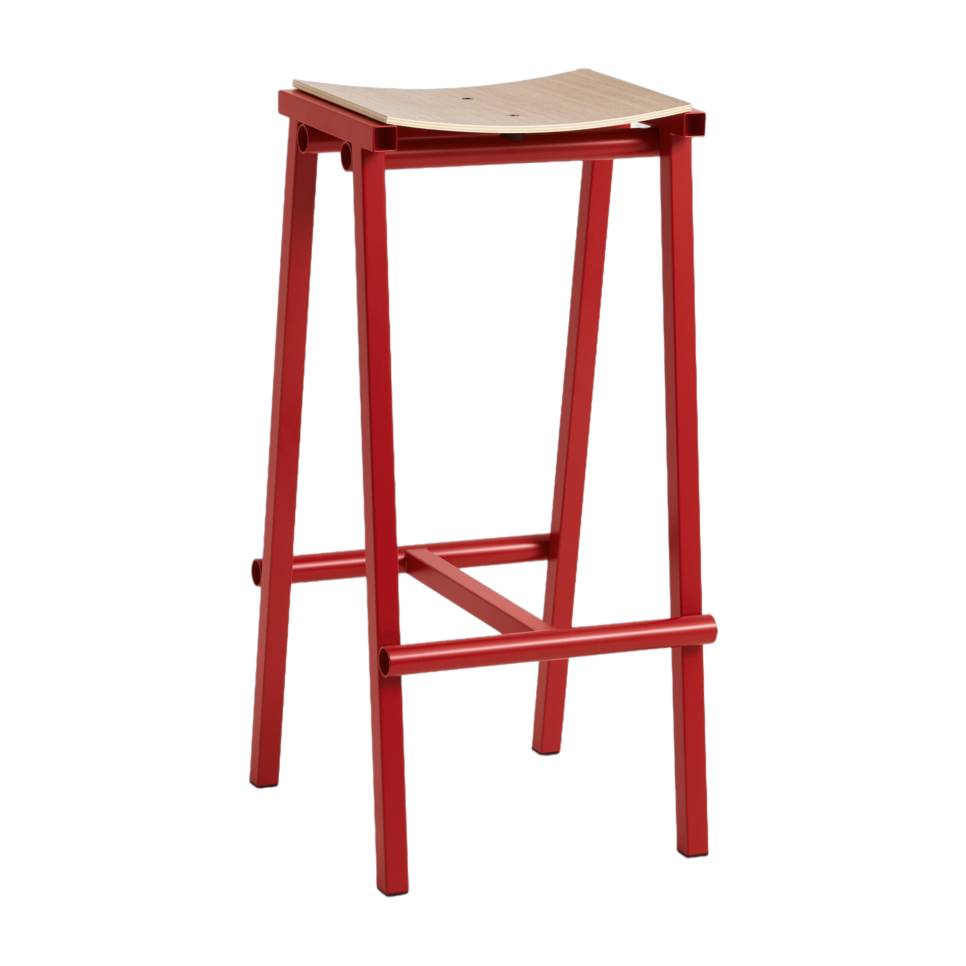 Barhocker aus Eichenholz und signalrotem Stahl 75cm Tabourete 8 -. Hay