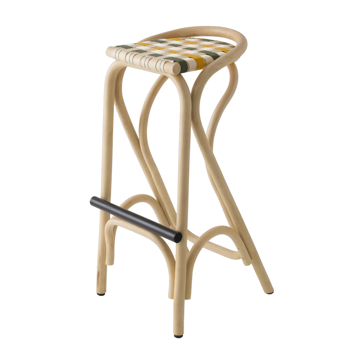 Bar stool in rotin with khaki green and buttercup yellow seat 83x44cm Virage - ORCHID EDITION