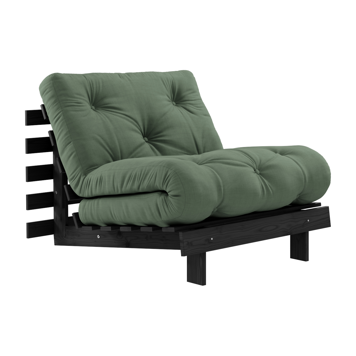 Roots Divano trasformabile in legno laccato nero con materasso verde oliva 90x200cm 90 - Karup Design