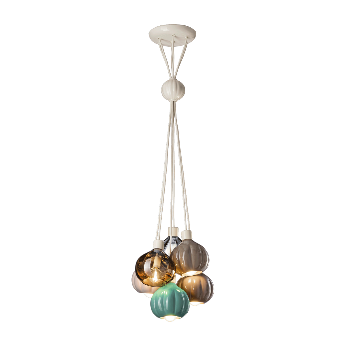 Suspension 6 lampes en verre et céramique gris, marron et turquoise 13x14cm Afoxé - Ferroluce