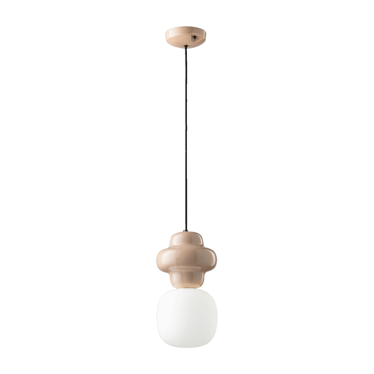 17x32cm Copacabana, lampada a sospensione in vetro opalino e ceramica grigio sabbia - Ferroluce
