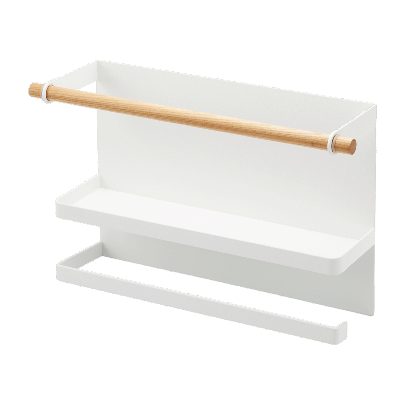Perchero magnético con toallero de papel en acero blanco y madera - 32x9, 5x20cm. Yamazaki