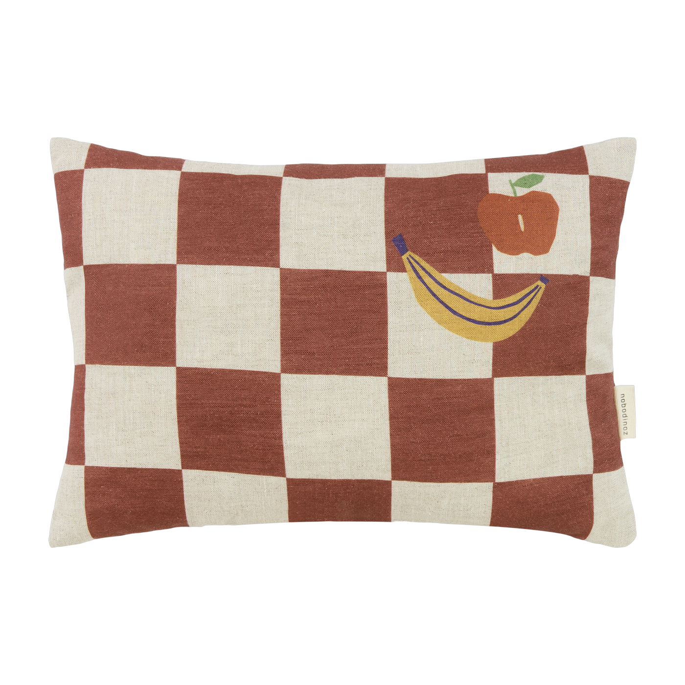 Rechteckiges Kissen aus französischem Leinen mit braunen Karos 33x22x8cm Fruits Vibes - -. Nobodinoz