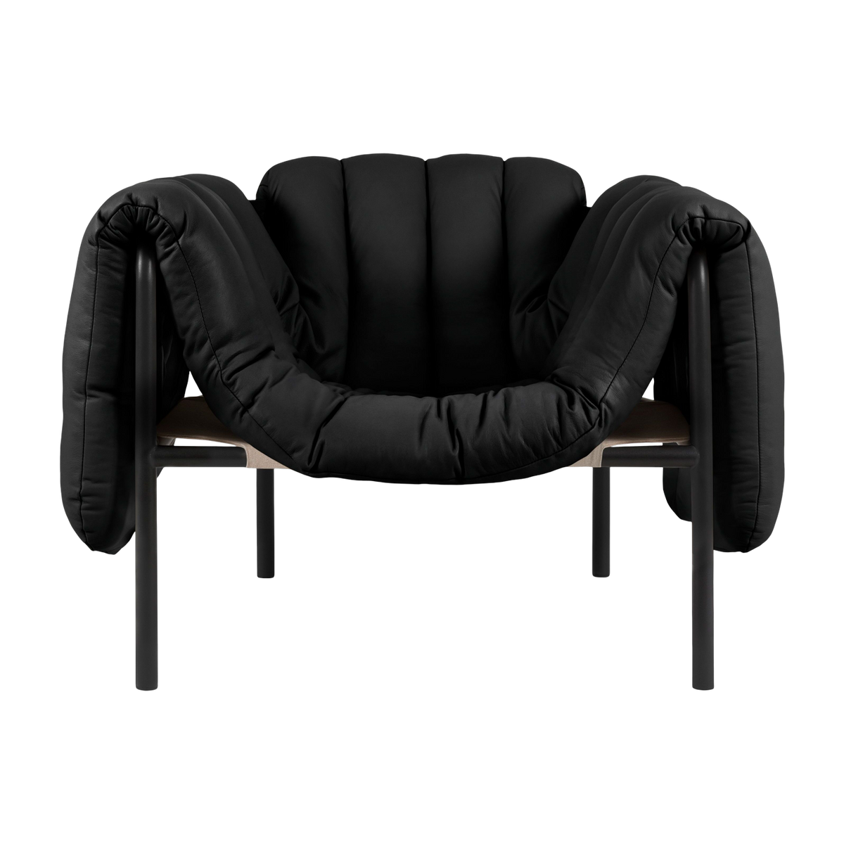 Poltrona lounge Puffy in pelle nera e acciaio nero Hem