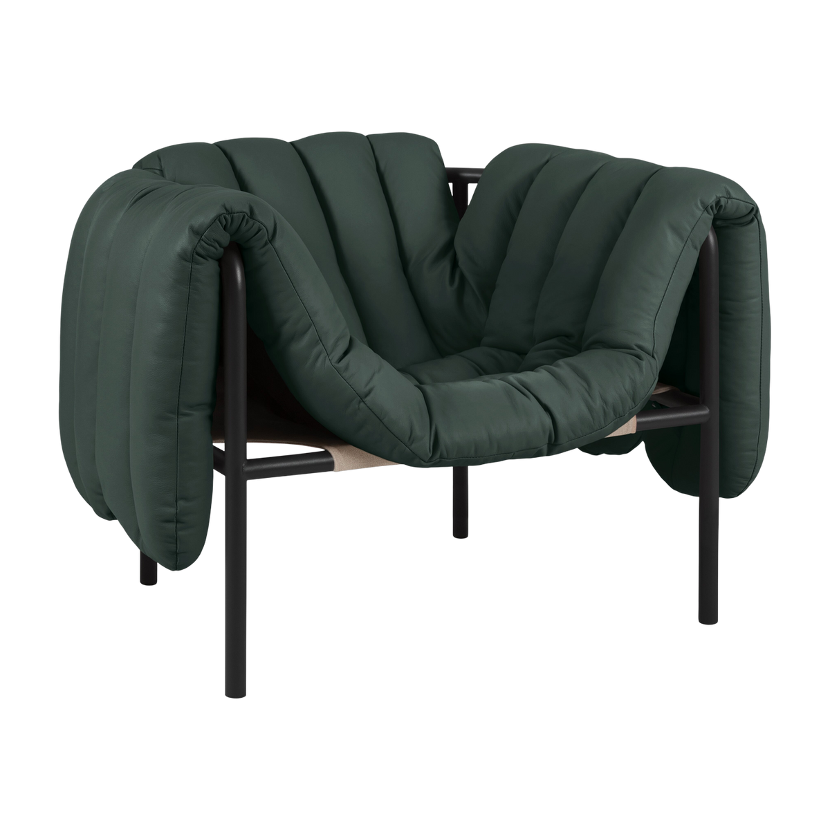 Poltrona lounge Puffy in pelle verde scuro e acciaio nero Hem