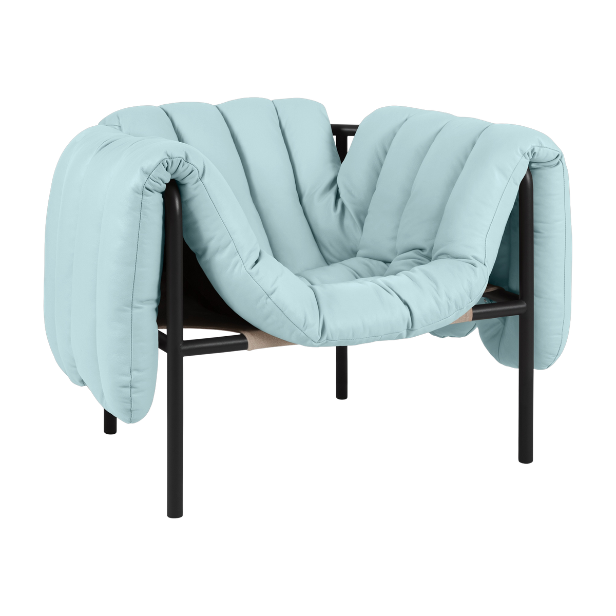 Poltrona lounge Puffy in pelle azzurra e acciaio nero Hem