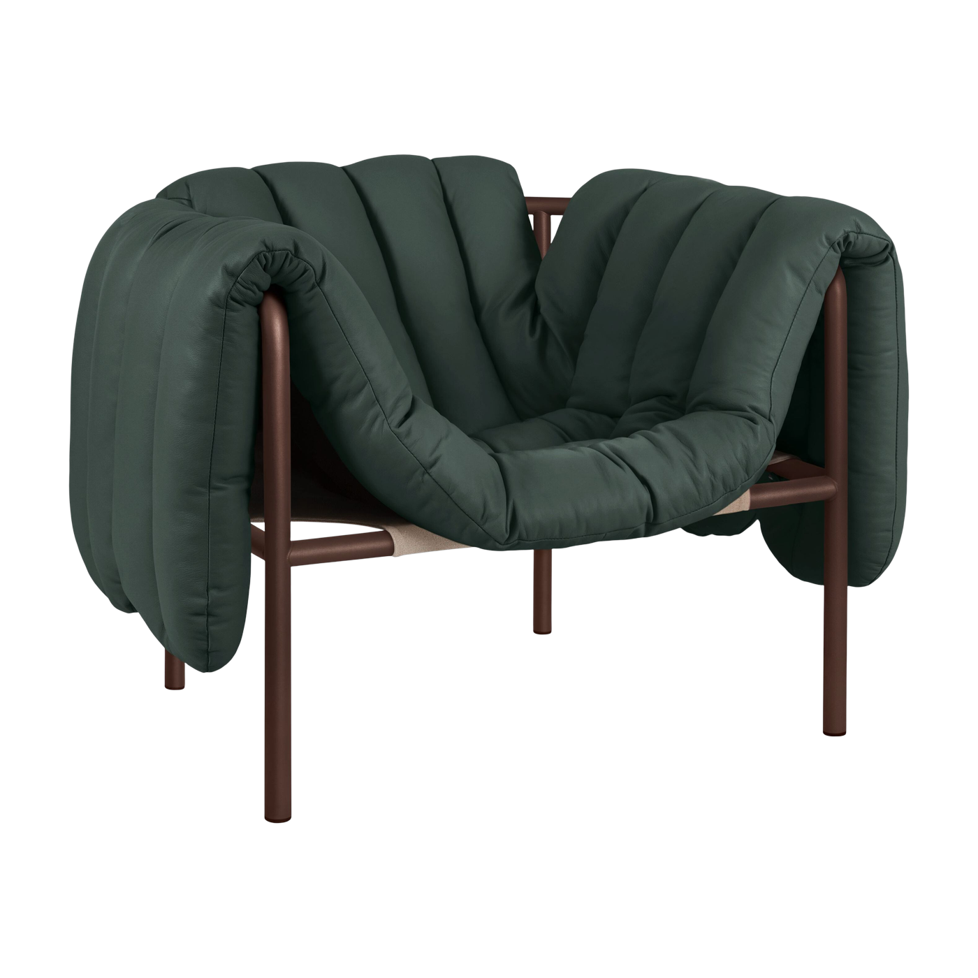 Puffy lounge armchair in dark green leather and brown steel - Hem