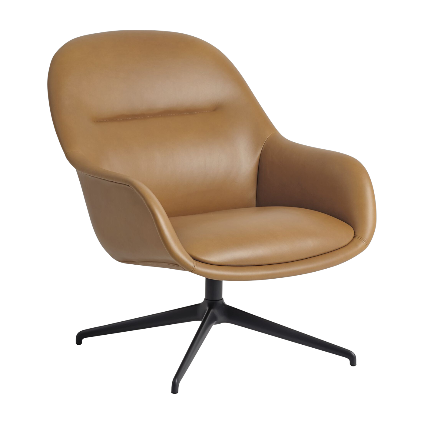 cognac Fiber Poltrona con braccioli in pelle e base girevole nera - Muuto