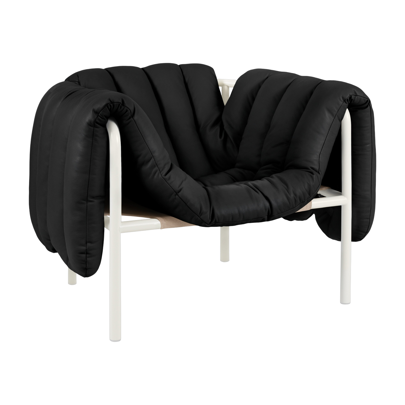 Poltrona lounge Puffy in pelle nera e acciaio color crema Hem