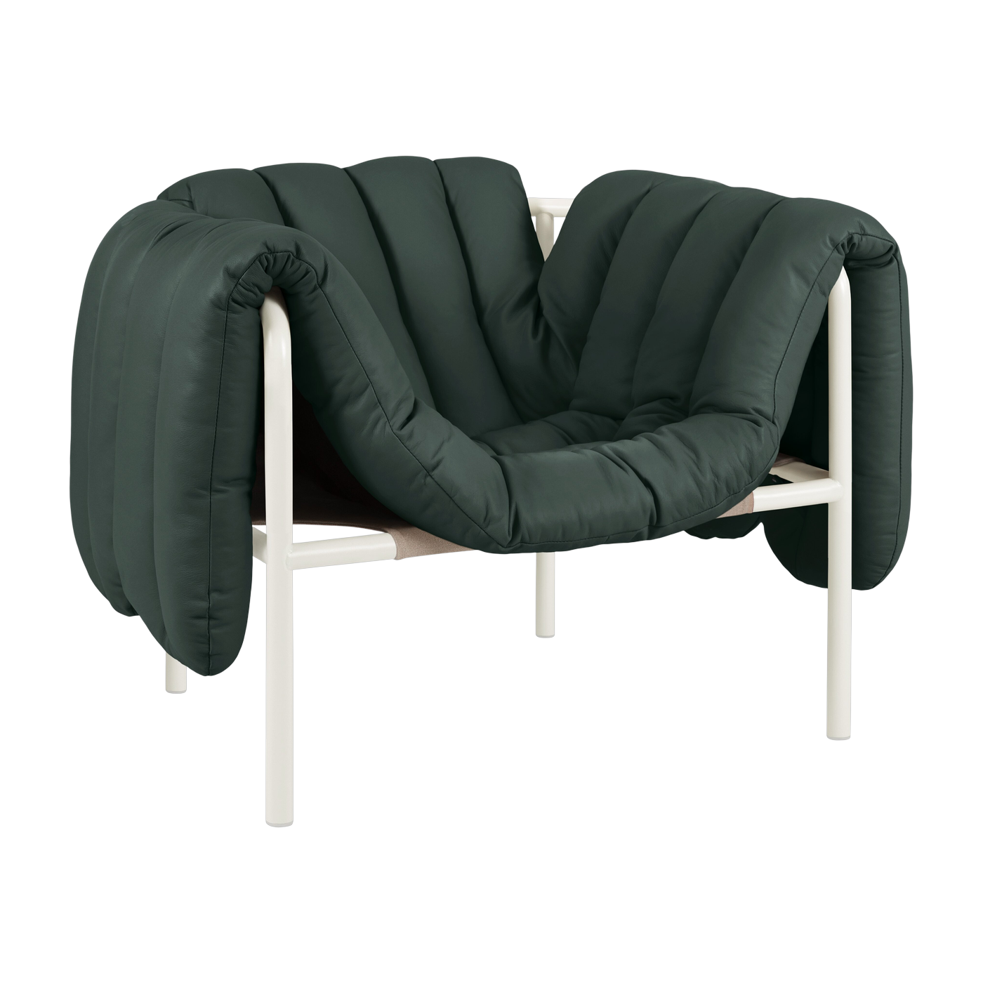 Puffy lounge armchair in dark green leather and cream steel - Hem