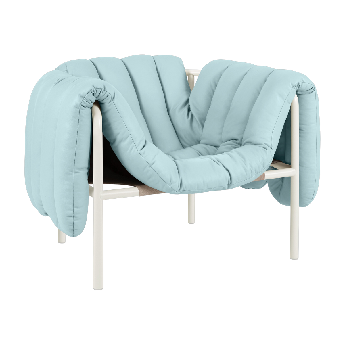 Poltrona lounge Puffy in pelle azzurra e acciaio color crema - La poltrona lounge Puffy è generosa e massiccia. Hem
