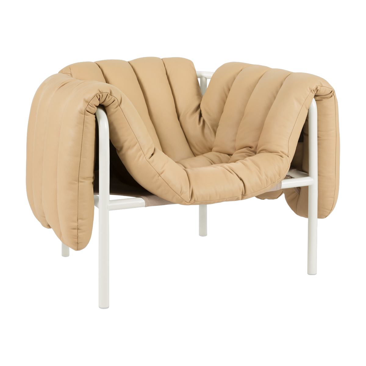 Poltrona lounge Puffy in pelle color sabbia e acciaio color crema Hem