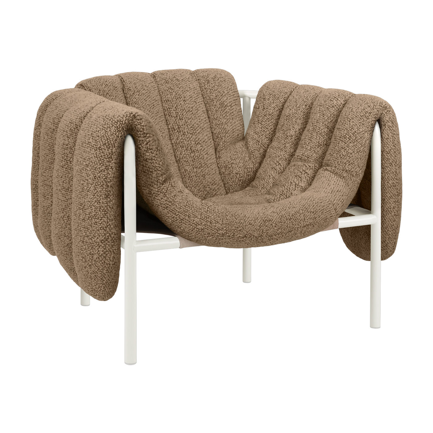 Poltrona lounge Puffy in lana marrone e acciaio color crema - La poltrona lounge Puffy è generosa e massiccia. Hem