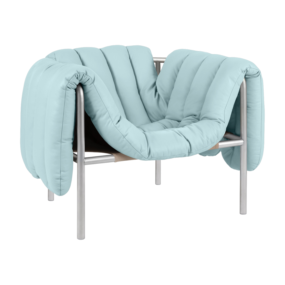 Poltrona Puffy in acciaio e pelle azzurra - La poltrona Puffy è generosa e massiccia. Hem