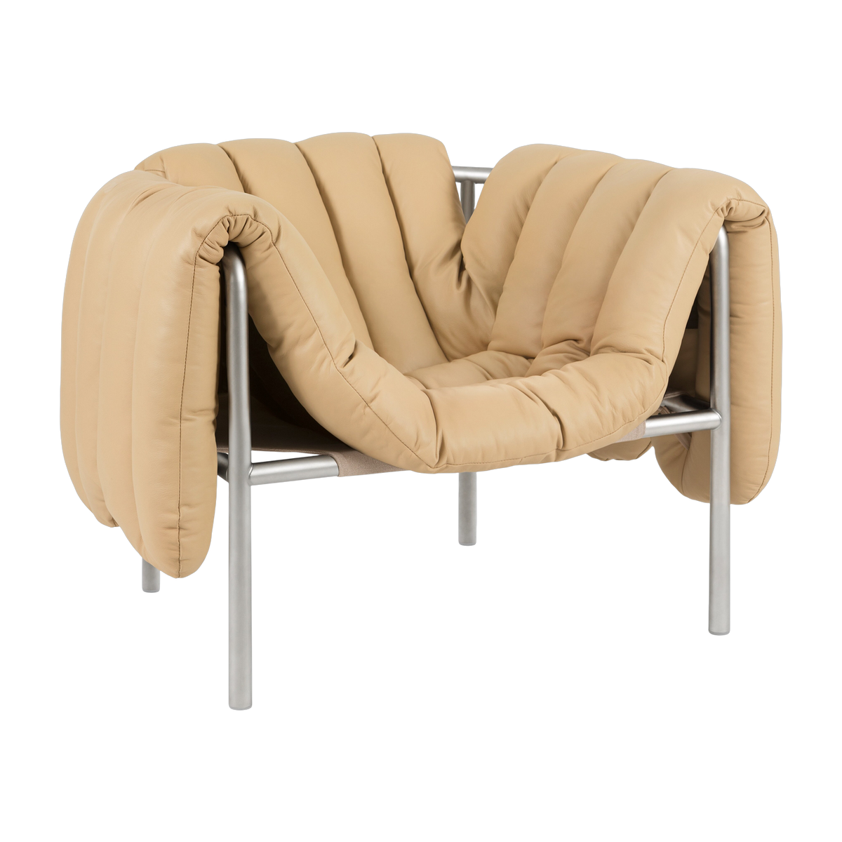 Lounge-Sessel aus hellem sandfarbenen Leder und Stahl Puffy -. Hem