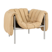 Poltrona lounge Puffy in pelle sabbia chiara e acciaio Hem