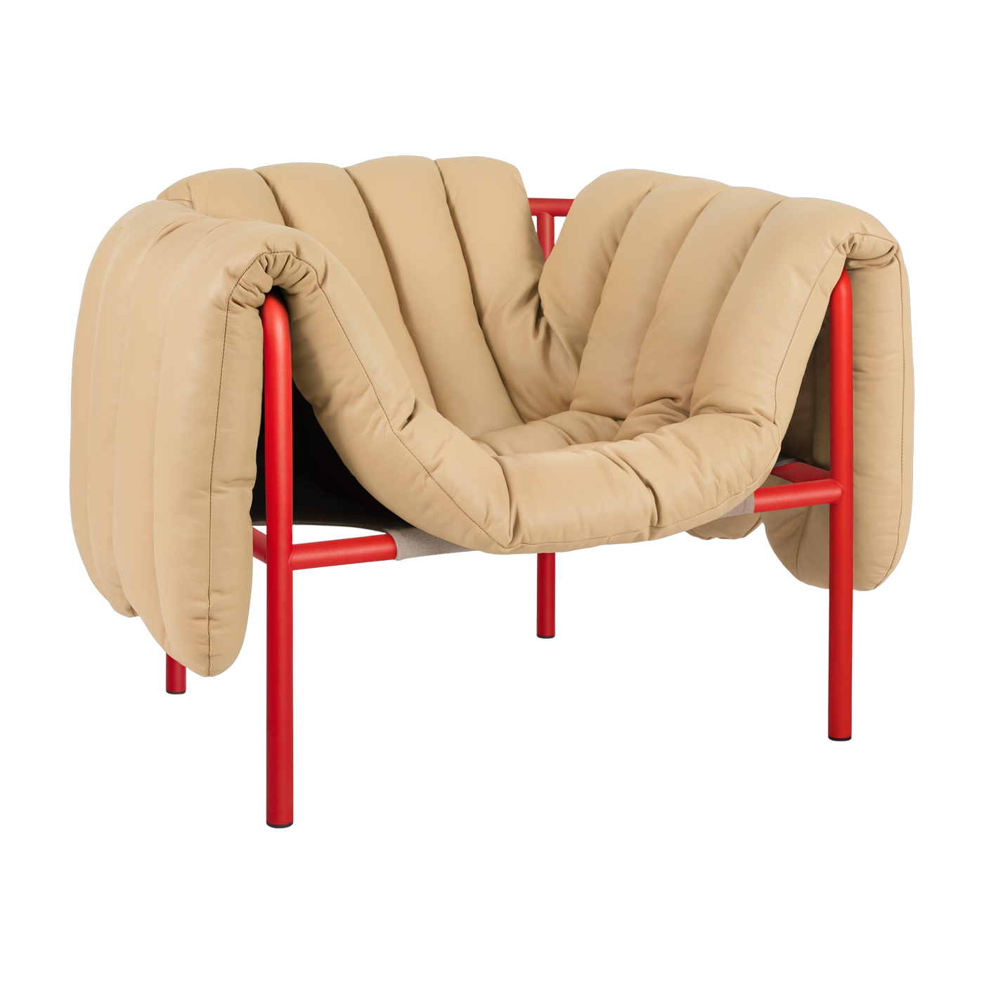 Lounge-Sessel aus sandfarbenem Leder und rotem Stahl Puffy -. Hem