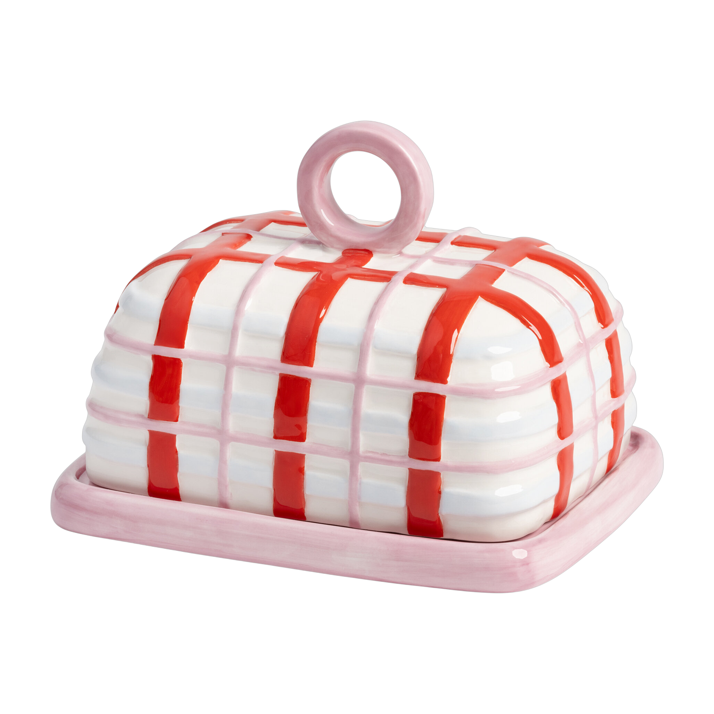 Pink striped dolomite butter dish 15x11, 5x12cm Plaid - &Klevering
