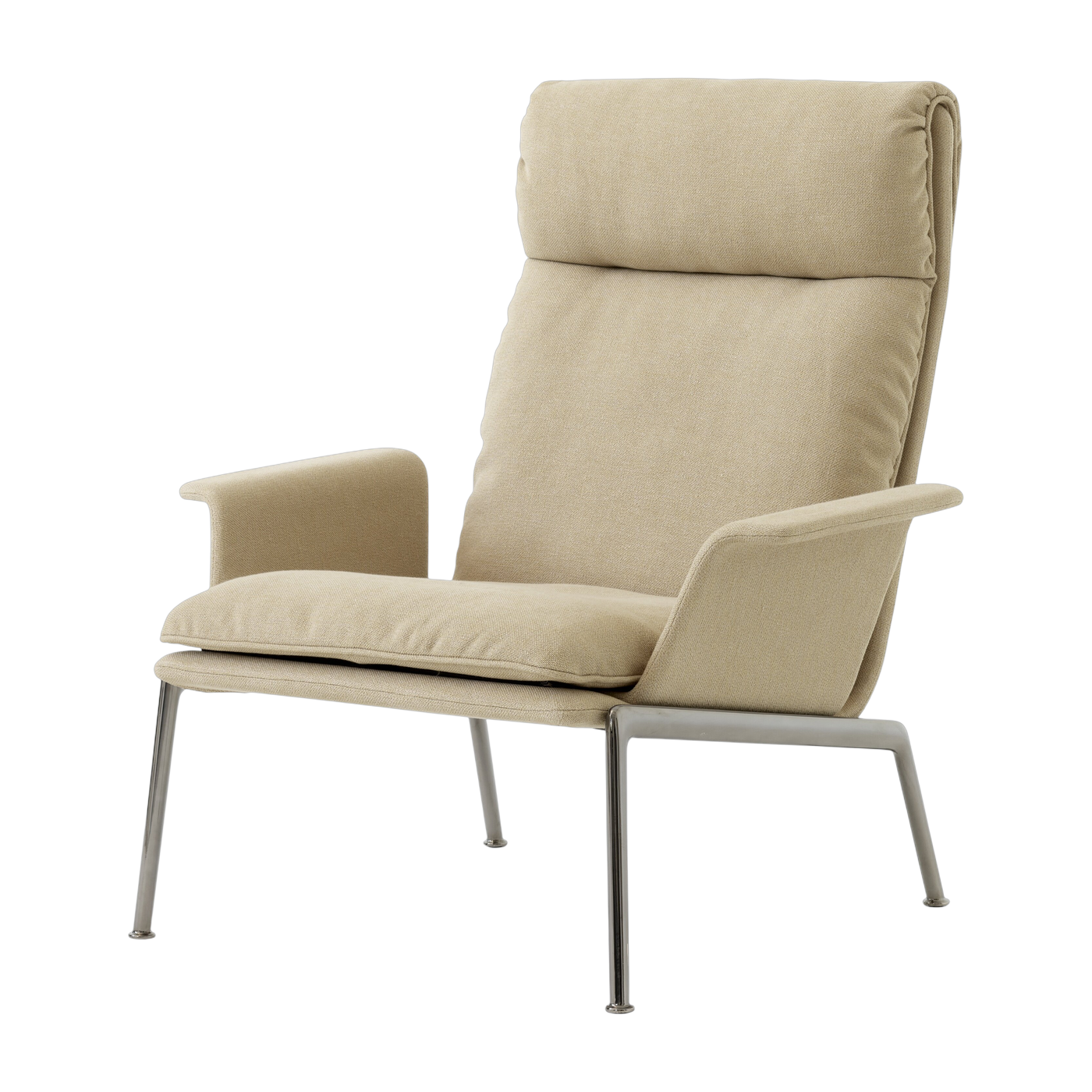 Poltrona con schienale alto in tessuto beige e braccioli in alluminio cromato Muno LN17 - &tradition