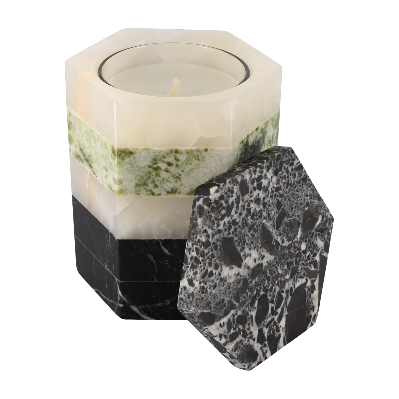 Bougie cire végétale en marbre et onyx 10,8x13cm Romy Antique - Studio Gaïa