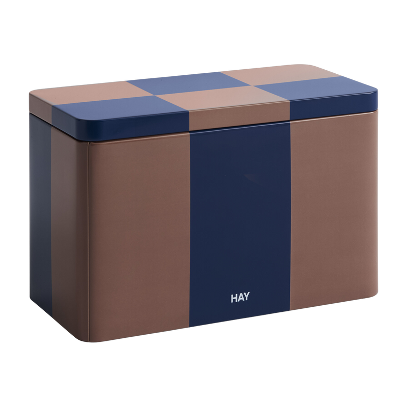 Brown and midnight blue chequered tin box - HAY