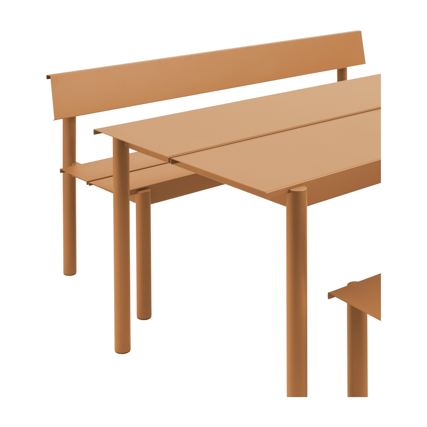 Gartenbank mit Rückenlehne aus orangefarbenem Stahl, 110 x 34 cm, „ Linear ” – Muuto