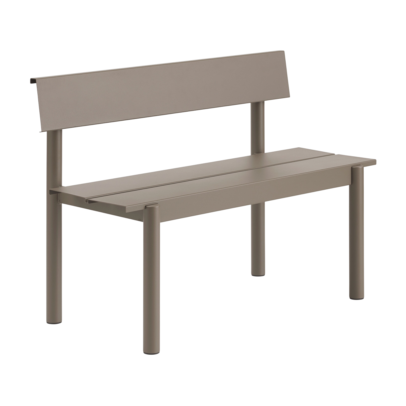 Gartenbank mit Rückenlehne aus taupefarbenem Stahl, 110 x 34 cm, „ Linear ” – Muuto