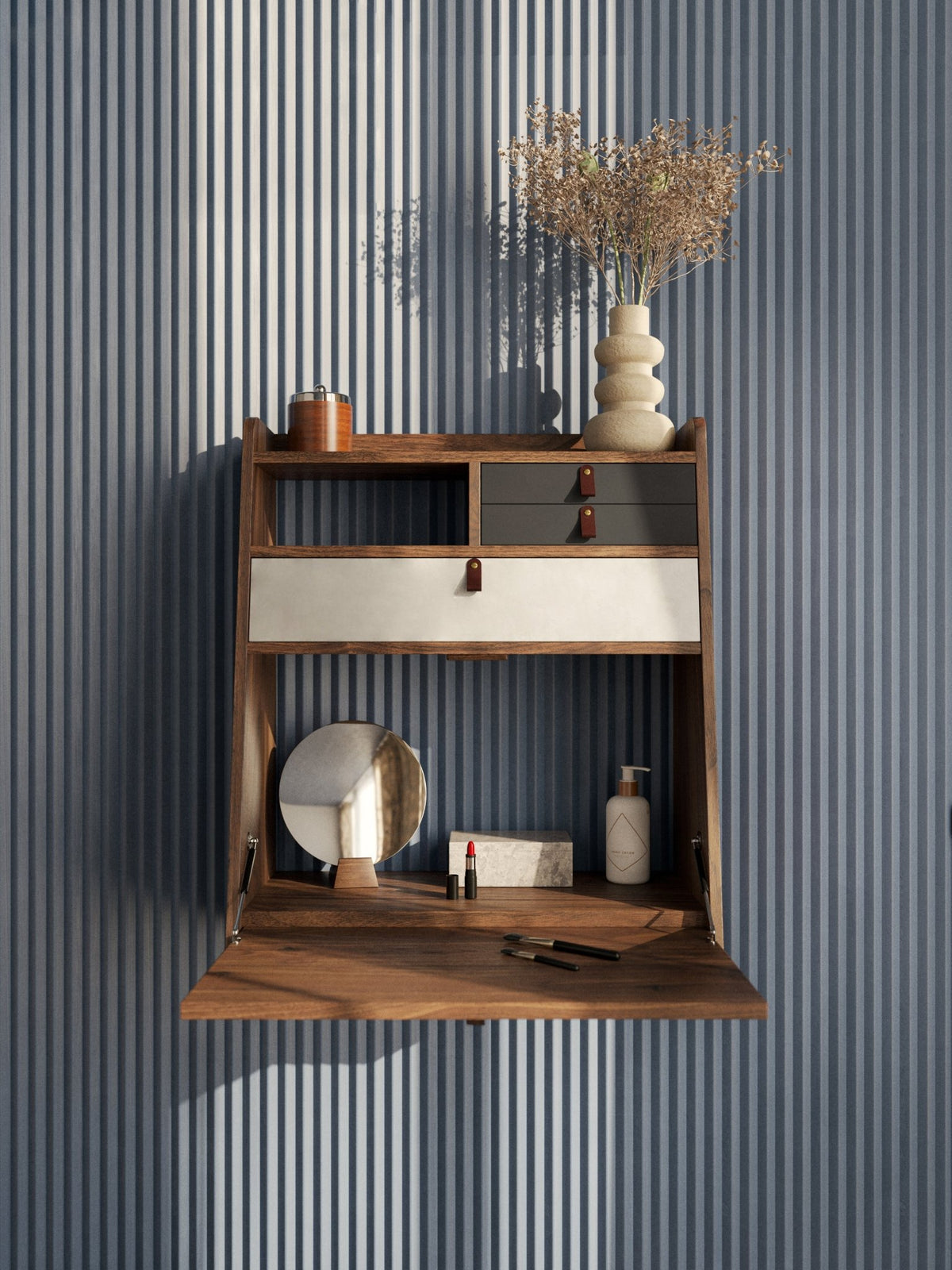 Secrétaire mural en chêne teinté gris ardoise et gris clair 60 x 32 x 72 cm Gaston - Hartô - The Cool Republic