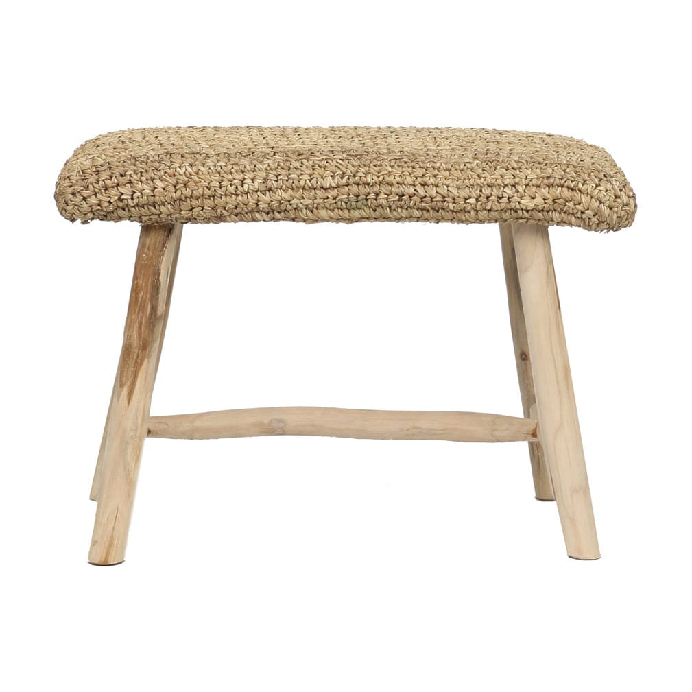Banc en teck massif et raffia naturel beige 60x28x45cm Raffia - Bazar Bizar — vue 6