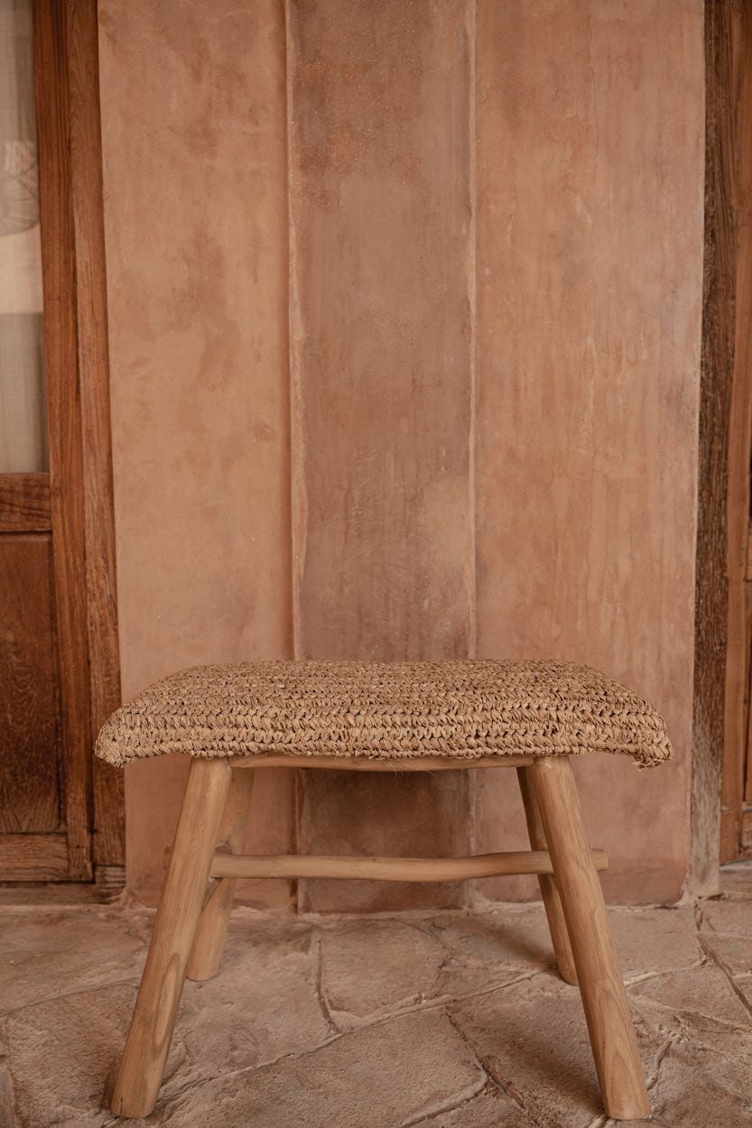 Banc en teck massif et raffia naturel beige 60x28x45cm Raffia - Bazar Bizar — vue 3