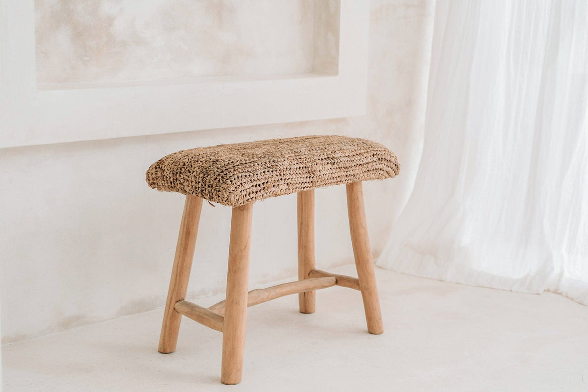 Banc en teck massif et raffia naturel beige 60x28x45cm Raffia - Bazar Bizar — vue 5