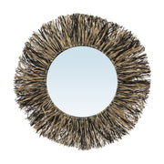 Miroir rond en raphia tressé noir et beige 55cm Raffia Fringe - Bazar Bizar