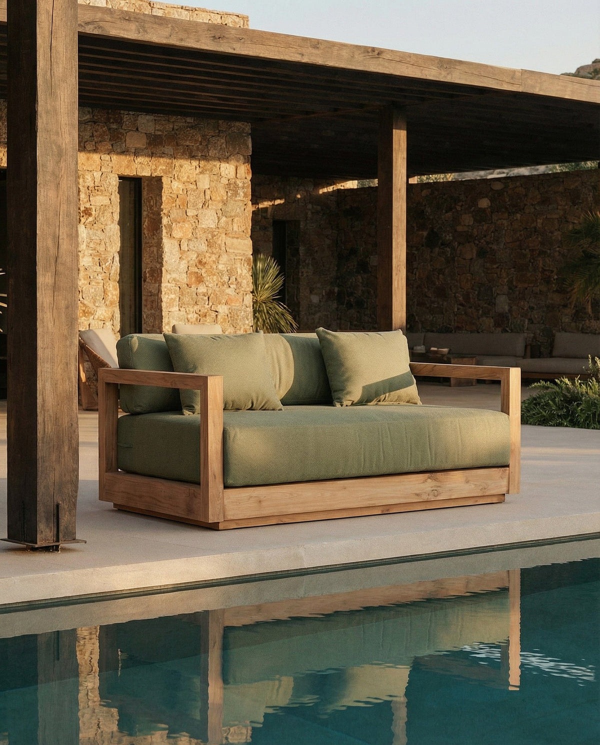 Canapé de jardin 2 places en teck recyclé naturel et tissu vert 142x85x60cm Umalas - Bazar Bizar — vue 2