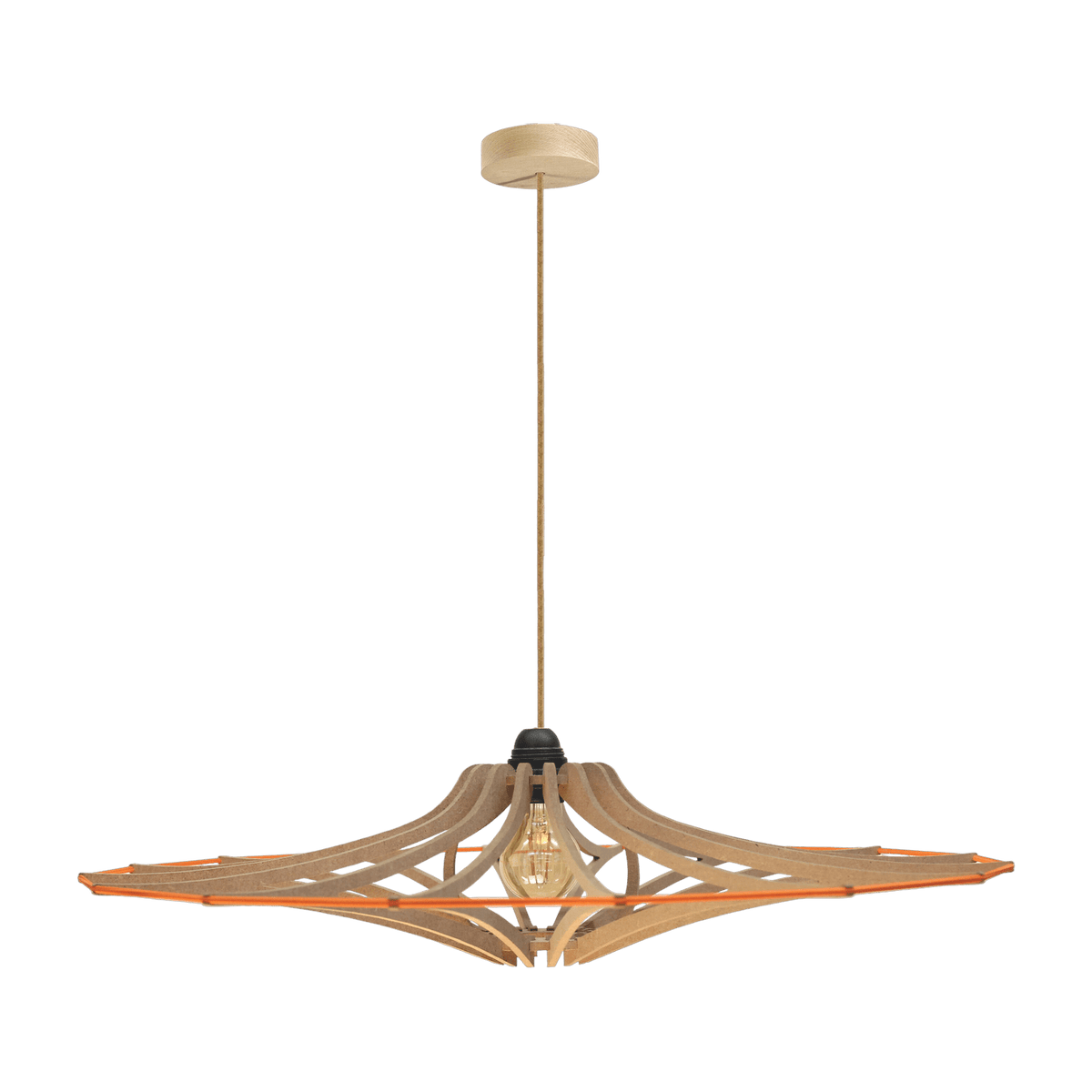 Hanging lamp Design wood and orange 65cm linen cable SINGING BRUT - RIF - The Cool Republic