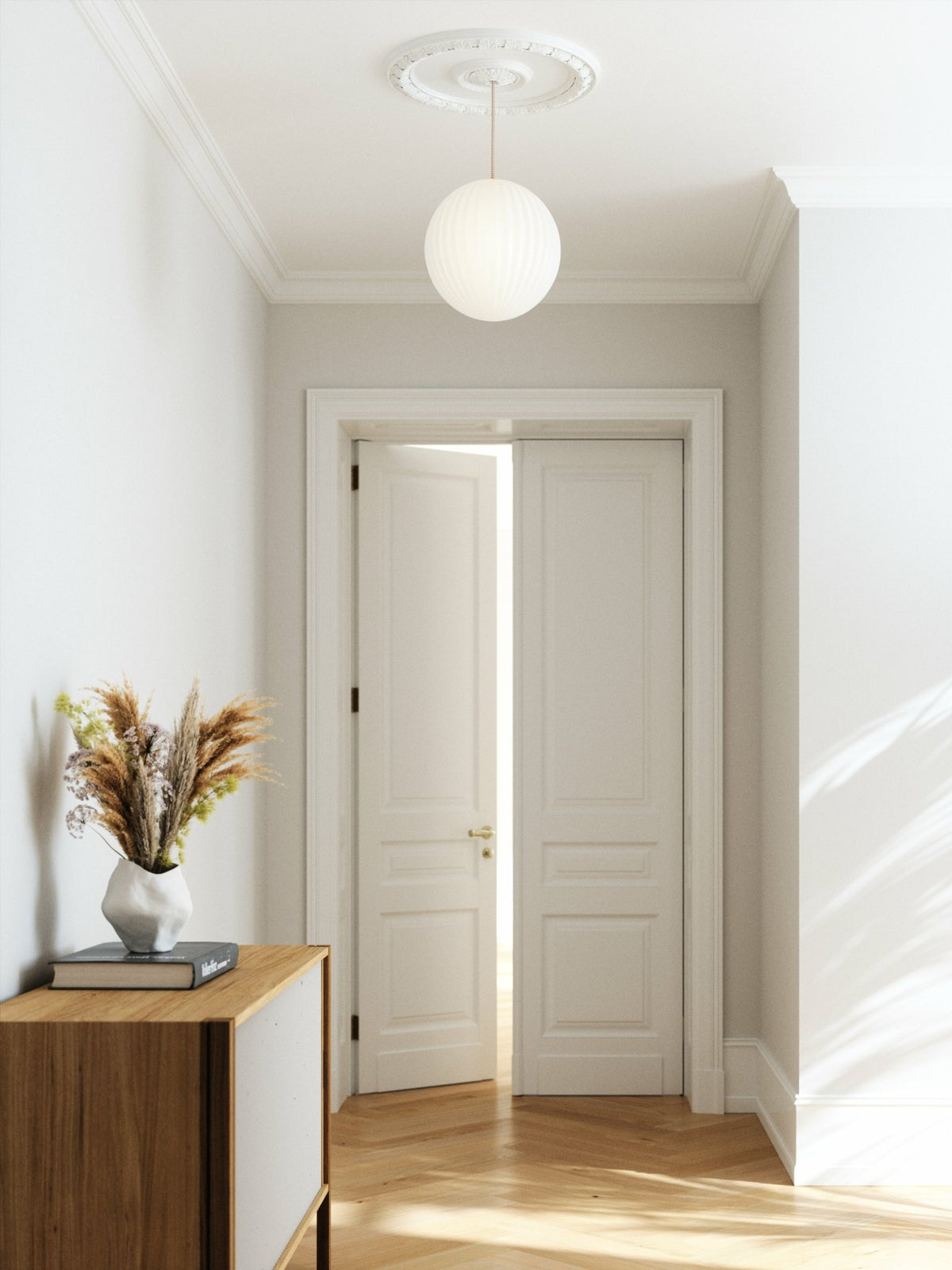 Suspension en verre blanche câble beige 30 cm Modeco - Nordic Tales - The Cool Republic