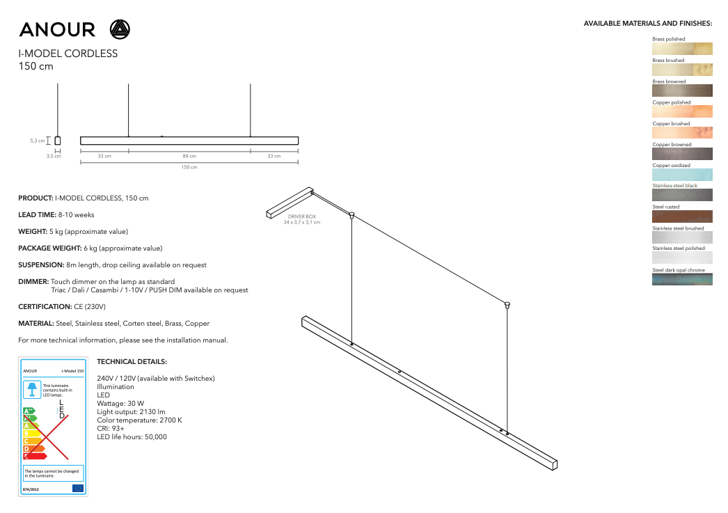 Suspension sans fil en laiton brossé 150 cm I Model - Anour - The Cool Republic