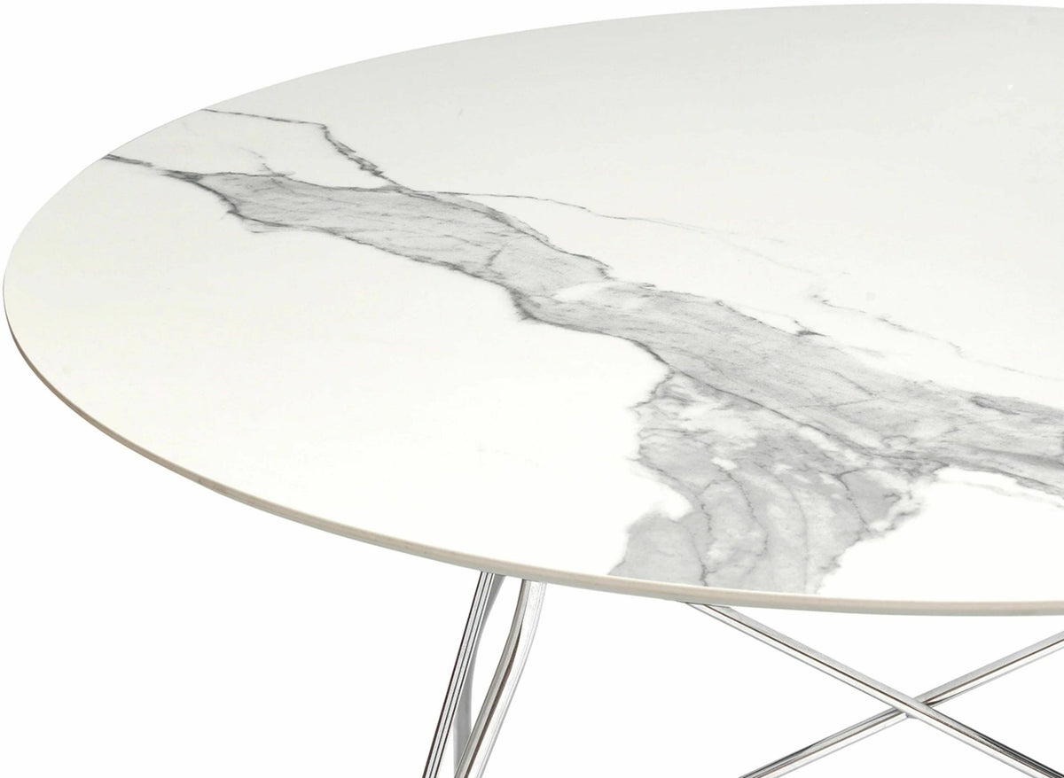 Table à manger ronde effet marbre blanc et chromé 118 cm Glossy - Kartell - The Cool Republic
