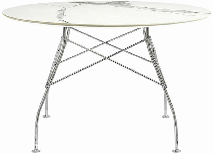 Table à manger ronde effet marbre blanc et chromé 118 cm Glossy - Kartell - The Cool Republic