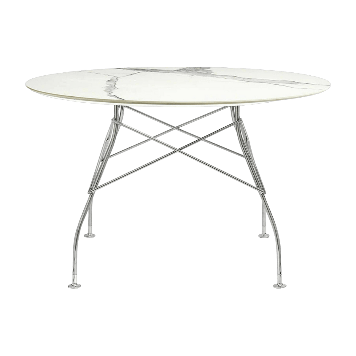 Table à manger ronde effet marbre blanc et chromé 118 cm Glossy - Kartell - The Cool Republic