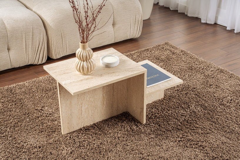 Table basse asymétrique effet travertin 80x40cm Harmony - Home Design - The Cool Republic