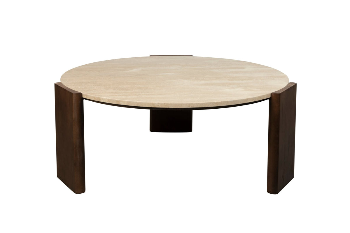 Table basse ronde en travertin et bois d'hévéa 90cm Valcour - Dutchbone - The Cool Republic